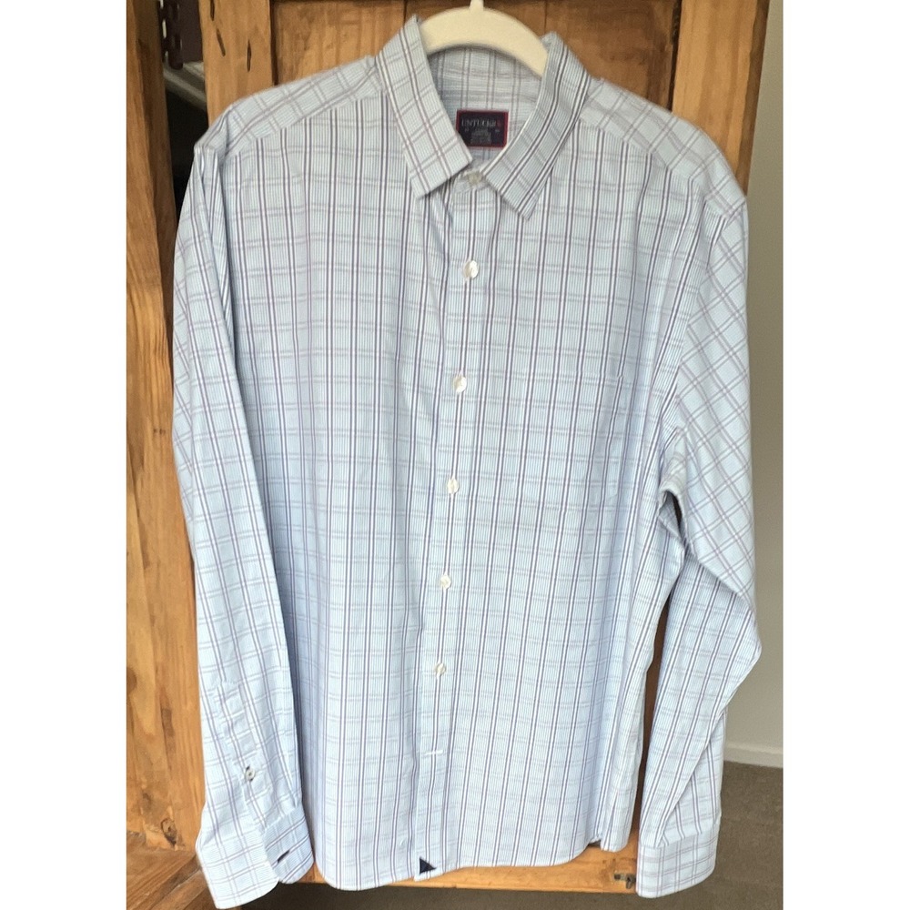 UNTUCKit Men's Long Sleeve Button-Up Shirt, Size L, Blue Plaid Cotton